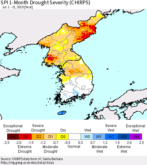 Korea SPI 1-Month Drought Severity (CHIRPS) Thematic Map For 7/1/2019 - 7/31/2019