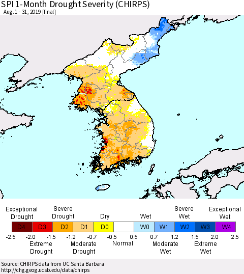 Korea SPI 1-Month Drought Severity (CHIRPS) Thematic Map For 8/1/2019 - 8/31/2019