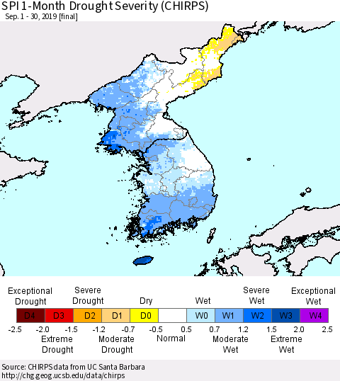 Korea SPI 1-Month Drought Severity (CHIRPS) Thematic Map For 9/1/2019 - 9/30/2019