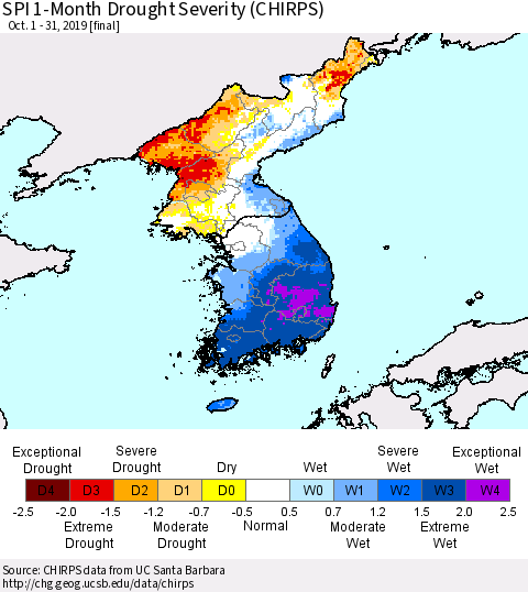 Korea SPI 1-Month Drought Severity (CHIRPS) Thematic Map For 10/1/2019 - 10/31/2019