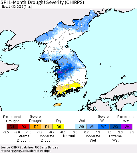 Korea SPI 1-Month Drought Severity (CHIRPS) Thematic Map For 11/1/2019 - 11/30/2019