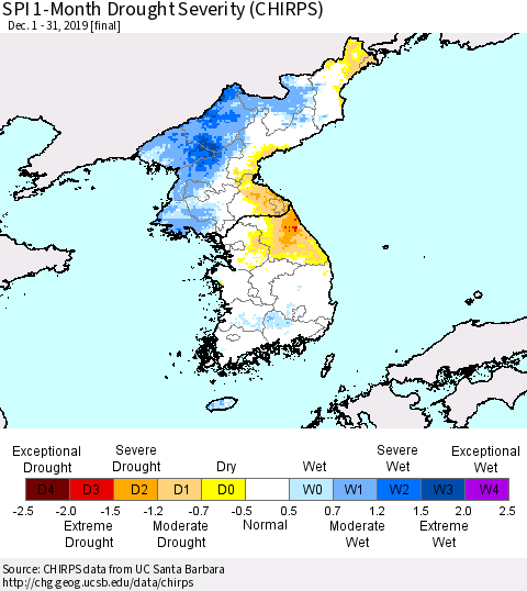 Korea SPI 1-Month Drought Severity (CHIRPS) Thematic Map For 12/1/2019 - 12/31/2019