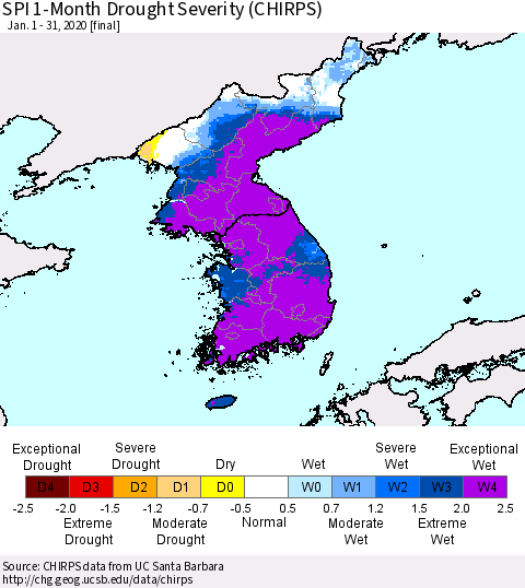 Korea SPI 1-Month Drought Severity (CHIRPS) Thematic Map For 1/1/2020 - 1/31/2020