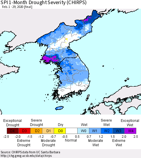 Korea SPI 1-Month Drought Severity (CHIRPS) Thematic Map For 2/1/2020 - 2/29/2020