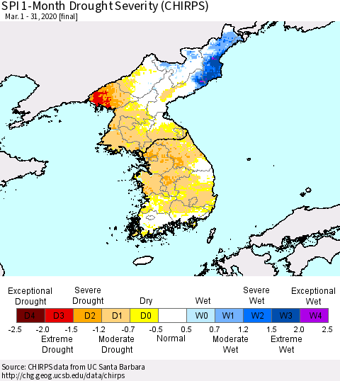 Korea SPI 1-Month Drought Severity (CHIRPS) Thematic Map For 3/1/2020 - 3/31/2020