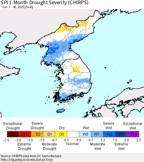 Korea SPI 1-Month Drought Severity (CHIRPS) Thematic Map For 6/1/2020 - 6/30/2020