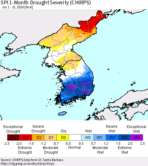 Korea SPI 1-Month Drought Severity (CHIRPS) Thematic Map For 7/1/2020 - 7/31/2020