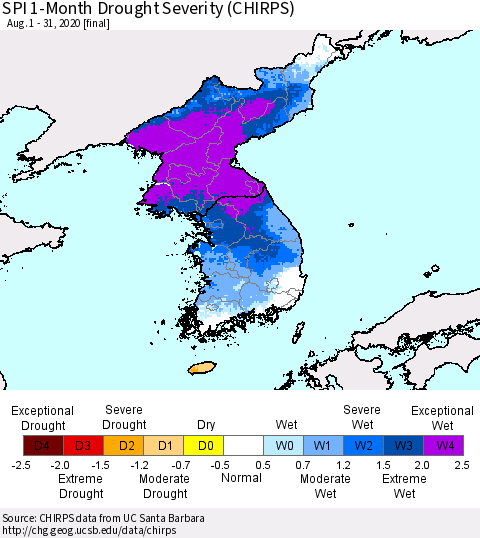 Korea SPI 1-Month Drought Severity (CHIRPS) Thematic Map For 8/1/2020 - 8/31/2020