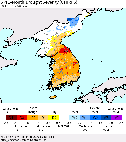 Korea SPI 1-Month Drought Severity (CHIRPS) Thematic Map For 10/1/2020 - 10/31/2020