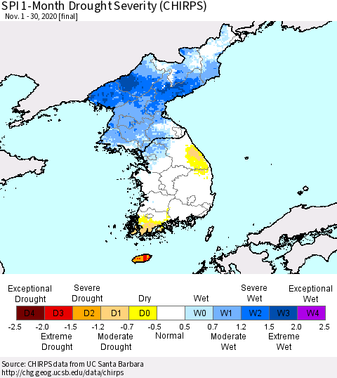 Korea SPI 1-Month Drought Severity (CHIRPS) Thematic Map For 11/1/2020 - 11/30/2020