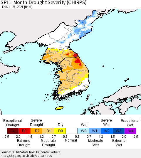 Korea SPI 1-Month Drought Severity (CHIRPS) Thematic Map For 2/1/2021 - 2/28/2021