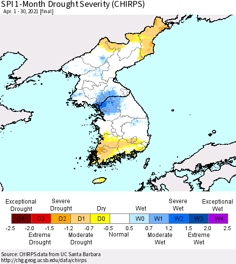 Korea SPI 1-Month Drought Severity (CHIRPS) Thematic Map For 4/1/2021 - 4/30/2021