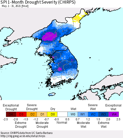 Korea SPI 1-Month Drought Severity (CHIRPS) Thematic Map For 5/1/2021 - 5/31/2021