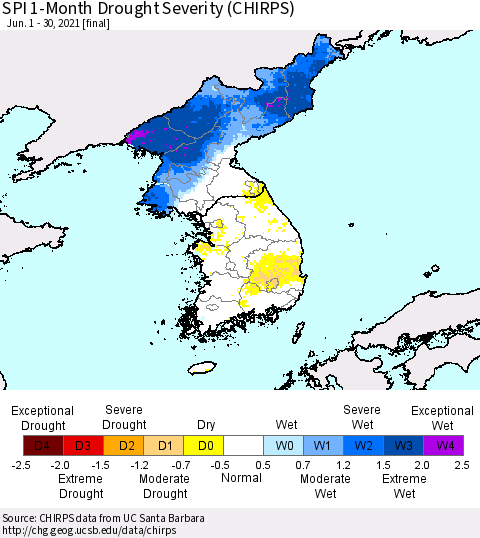 Korea SPI 1-Month Drought Severity (CHIRPS) Thematic Map For 6/1/2021 - 6/30/2021
