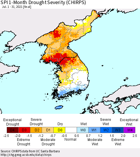 Korea SPI 1-Month Drought Severity (CHIRPS) Thematic Map For 7/1/2021 - 7/31/2021