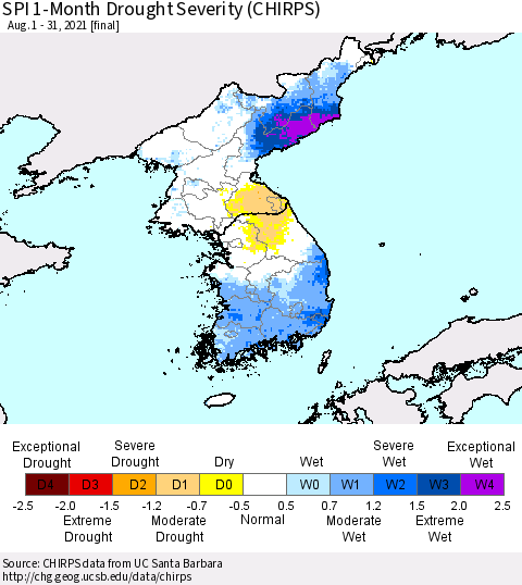 Korea SPI 1-Month Drought Severity (CHIRPS) Thematic Map For 8/1/2021 - 8/31/2021