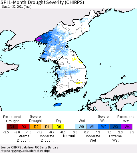 Korea SPI 1-Month Drought Severity (CHIRPS) Thematic Map For 9/1/2021 - 9/30/2021