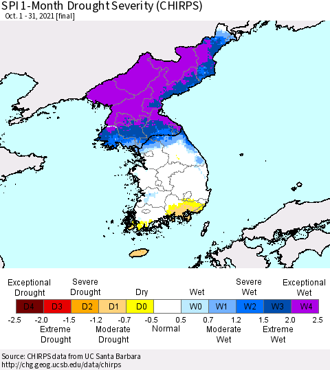 Korea SPI 1-Month Drought Severity (CHIRPS) Thematic Map For 10/1/2021 - 10/31/2021