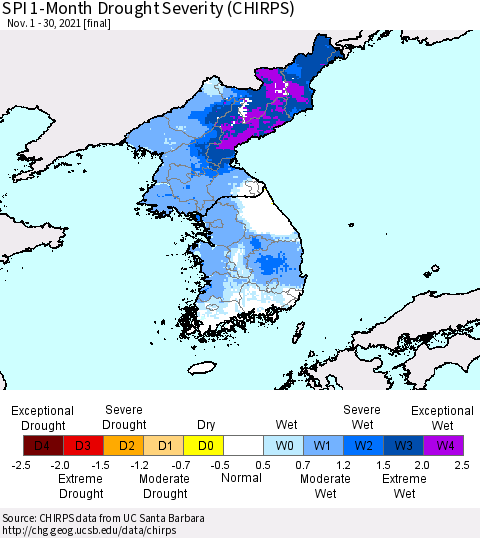 Korea SPI 1-Month Drought Severity (CHIRPS) Thematic Map For 11/1/2021 - 11/30/2021