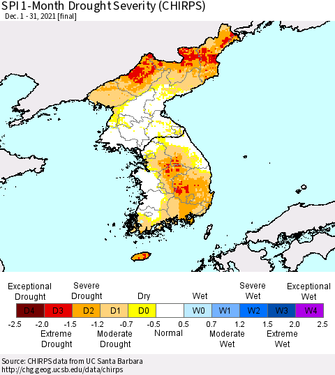 Korea SPI 1-Month Drought Severity (CHIRPS) Thematic Map For 12/1/2021 - 12/31/2021