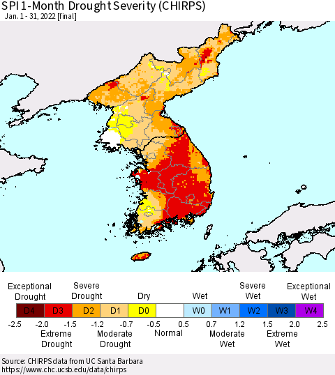 Korea SPI 1-Month Drought Severity (CHIRPS) Thematic Map For 1/1/2022 - 1/31/2022