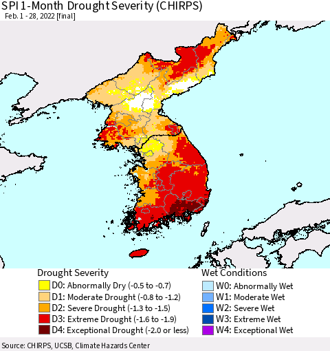 Korea SPI 1-Month Drought Severity (CHIRPS) Thematic Map For 2/1/2022 - 2/28/2022