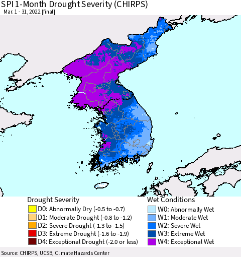 Korea SPI 1-Month Drought Severity (CHIRPS) Thematic Map For 3/1/2022 - 3/31/2022