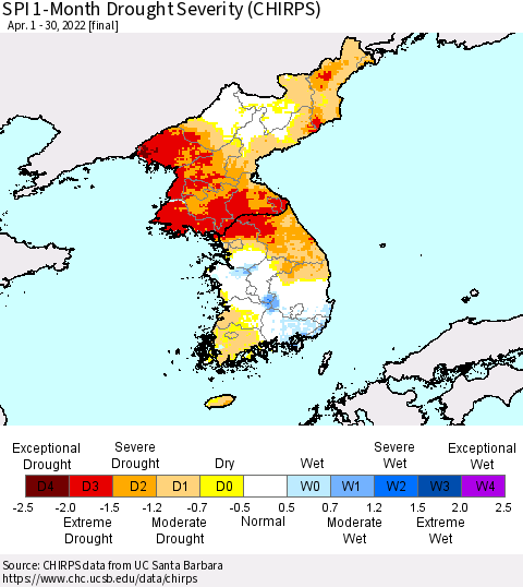 Korea SPI 1-Month Drought Severity (CHIRPS) Thematic Map For 4/1/2022 - 4/30/2022