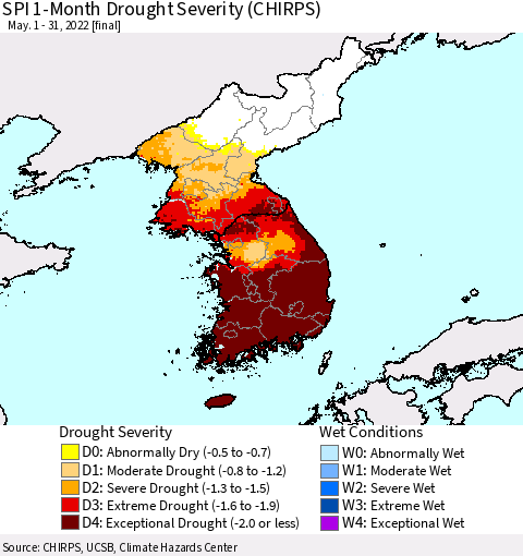 Korea SPI 1-Month Drought Severity (CHIRPS) Thematic Map For 5/1/2022 - 5/31/2022
