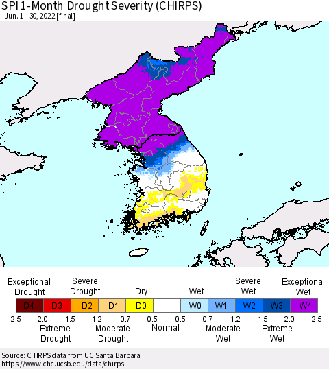 Korea SPI 1-Month Drought Severity (CHIRPS) Thematic Map For 6/1/2022 - 6/30/2022
