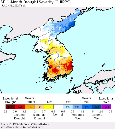 Korea SPI 1-Month Drought Severity (CHIRPS) Thematic Map For 7/1/2022 - 7/31/2022