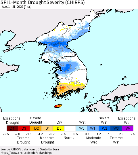 Korea SPI 1-Month Drought Severity (CHIRPS) Thematic Map For 8/1/2022 - 8/31/2022