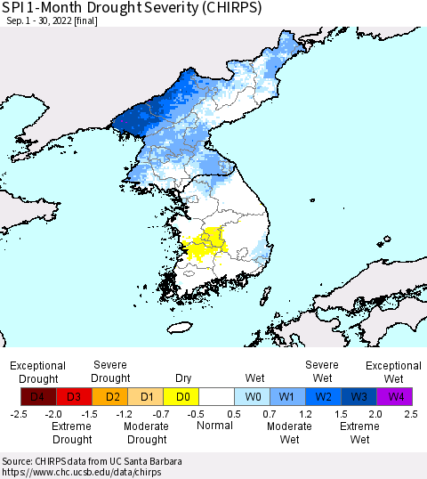Korea SPI 1-Month Drought Severity (CHIRPS) Thematic Map For 9/1/2022 - 9/30/2022