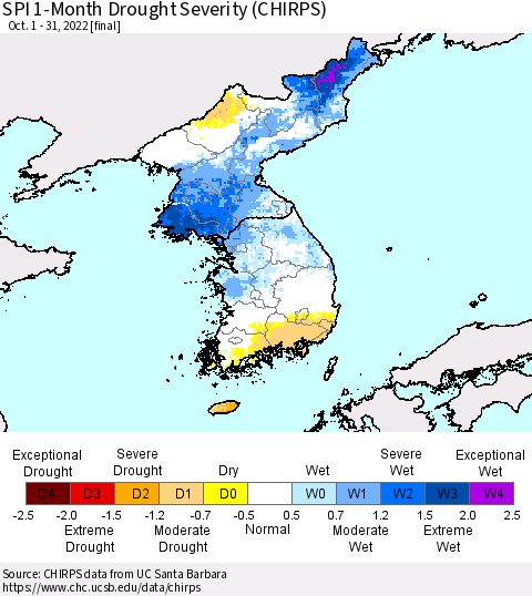 Korea SPI 1-Month Drought Severity (CHIRPS) Thematic Map For 10/1/2022 - 10/31/2022