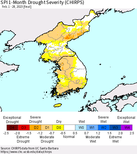 Korea SPI 1-Month Drought Severity (CHIRPS) Thematic Map For 2/1/2023 - 2/28/2023