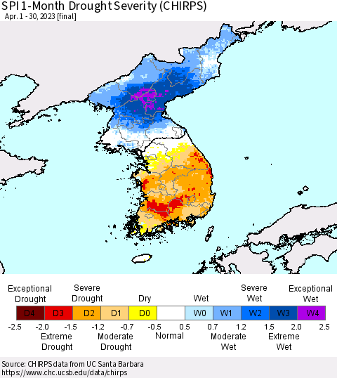 Korea SPI 1-Month Drought Severity (CHIRPS) Thematic Map For 4/1/2023 - 4/30/2023