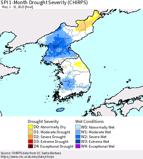 Korea SPI 1-Month Drought Severity (CHIRPS) Thematic Map For 5/1/2023 - 5/31/2023
