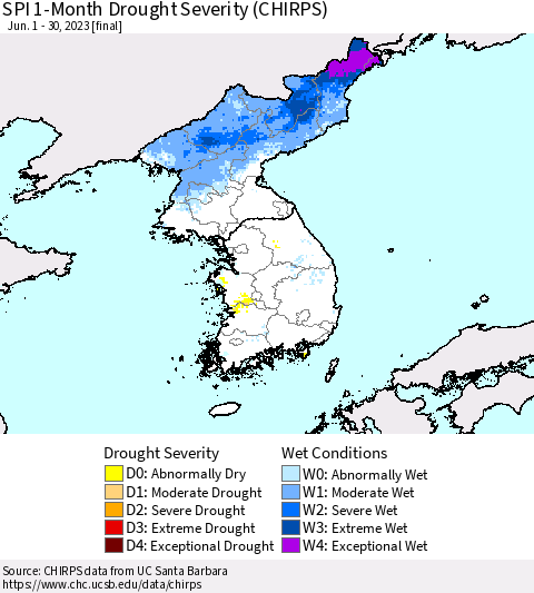 Korea SPI 1-Month Drought Severity (CHIRPS) Thematic Map For 6/1/2023 - 6/30/2023