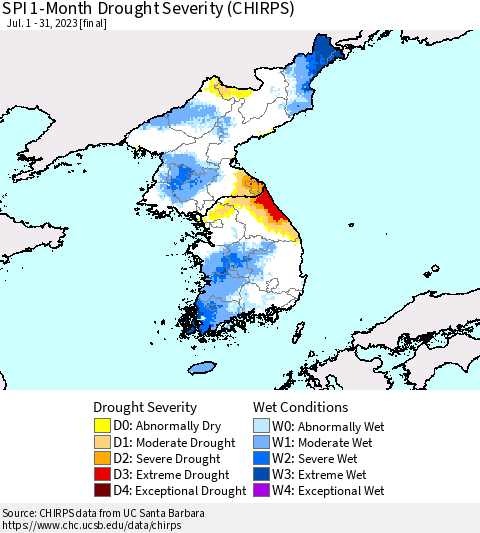 Korea SPI 1-Month Drought Severity (CHIRPS) Thematic Map For 7/1/2023 - 7/31/2023