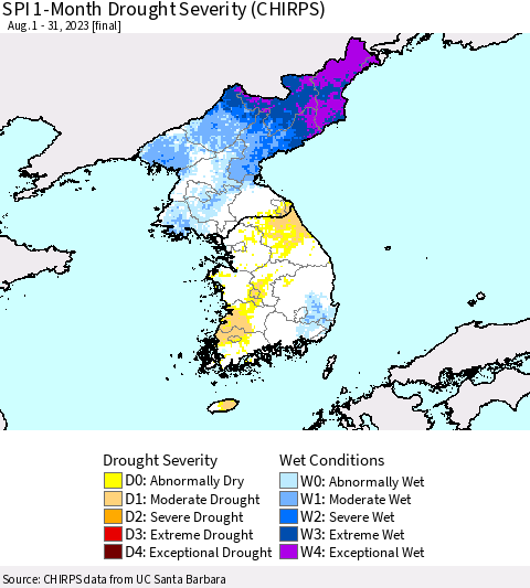Korea SPI 1-Month Drought Severity (CHIRPS) Thematic Map For 8/1/2023 - 8/31/2023