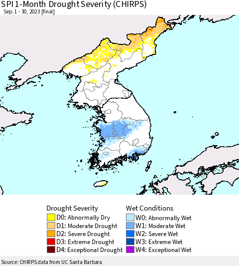 Korea SPI 1-Month Drought Severity (CHIRPS) Thematic Map For 9/1/2023 - 9/30/2023