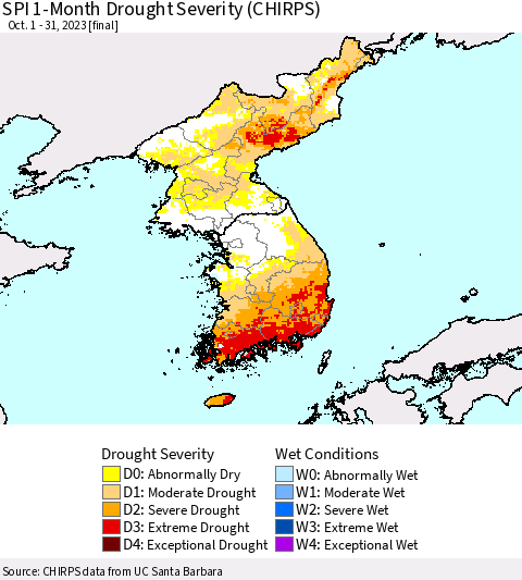 Korea SPI 1-Month Drought Severity (CHIRPS) Thematic Map For 10/1/2023 - 10/31/2023
