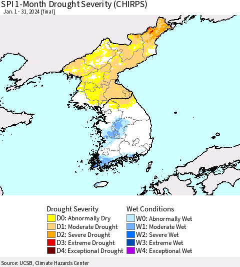 Korea SPI 1-Month Drought Severity (CHIRPS) Thematic Map For 1/1/2024 - 1/31/2024