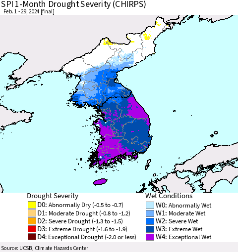 Korea SPI 1-Month Drought Severity (CHIRPS) Thematic Map For 2/1/2024 - 2/29/2024