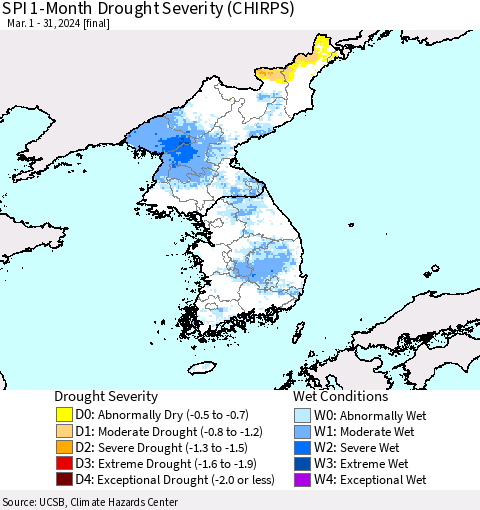 Korea SPI 1-Month Drought Severity (CHIRPS) Thematic Map For 3/1/2024 - 3/31/2024