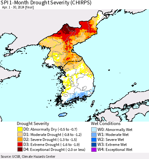 Korea SPI 1-Month Drought Severity (CHIRPS) Thematic Map For 4/1/2024 - 4/30/2024
