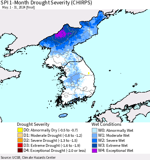 Korea SPI 1-Month Drought Severity (CHIRPS) Thematic Map For 5/1/2024 - 5/31/2024