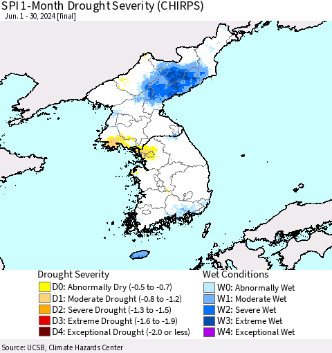 Korea SPI 1-Month Drought Severity (CHIRPS) Thematic Map For 6/1/2024 - 6/30/2024