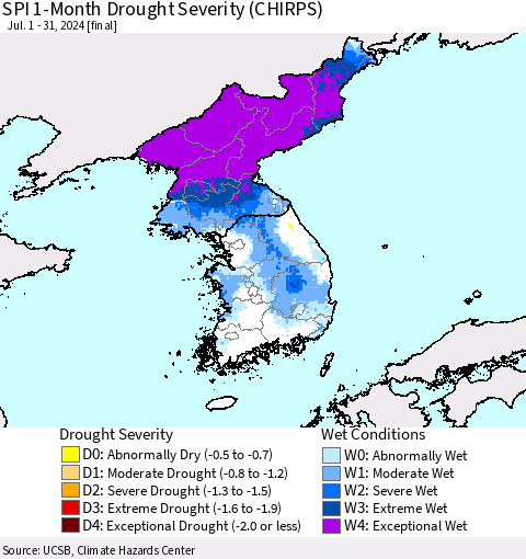 Korea SPI 1-Month Drought Severity (CHIRPS) Thematic Map For 7/1/2024 - 7/31/2024