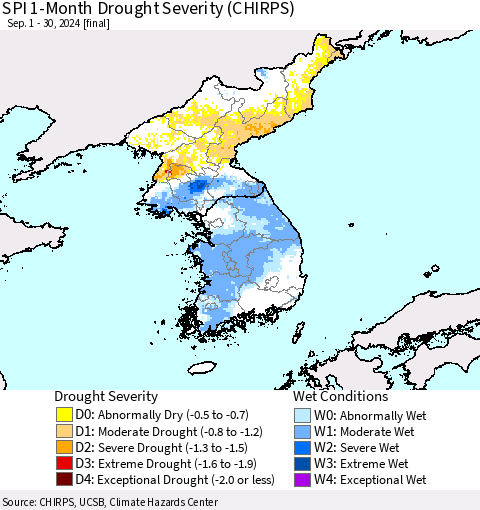 Korea SPI 1-Month Drought Severity (CHIRPS) Thematic Map For 9/1/2024 - 9/30/2024